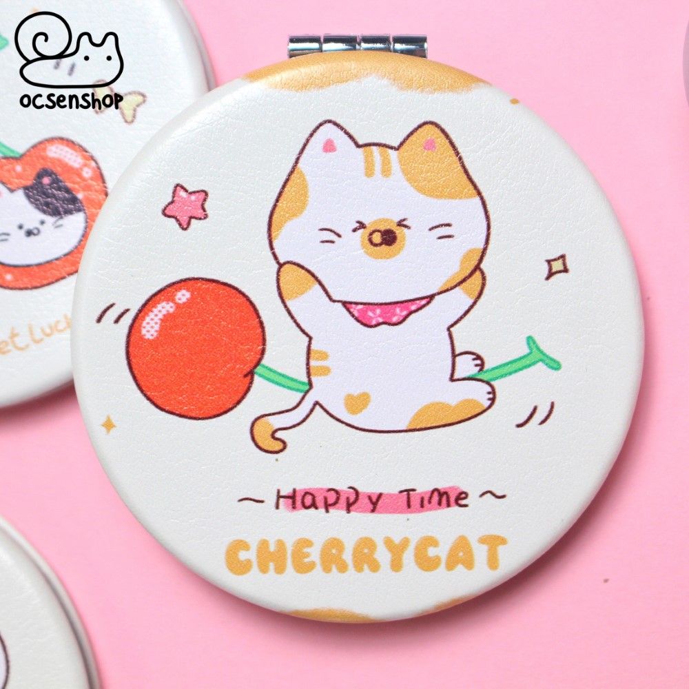 Gương bọc da 2 mặt tròn Cherry cat