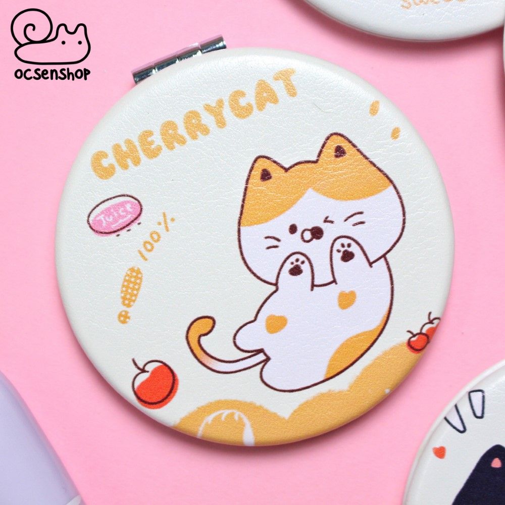 Gương bọc da 2 mặt tròn Cherry cat