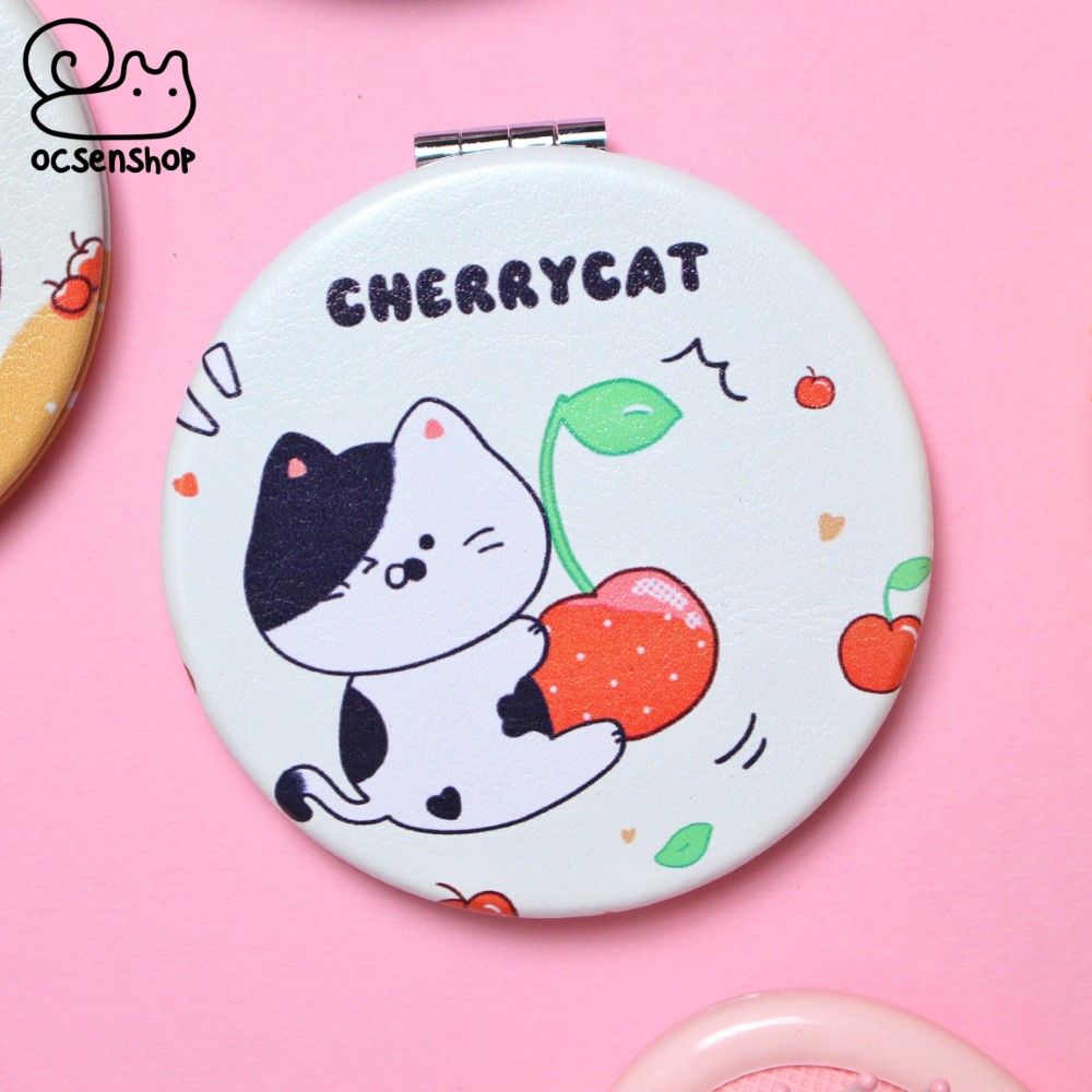 Gương bọc da 2 mặt tròn Cherry cat