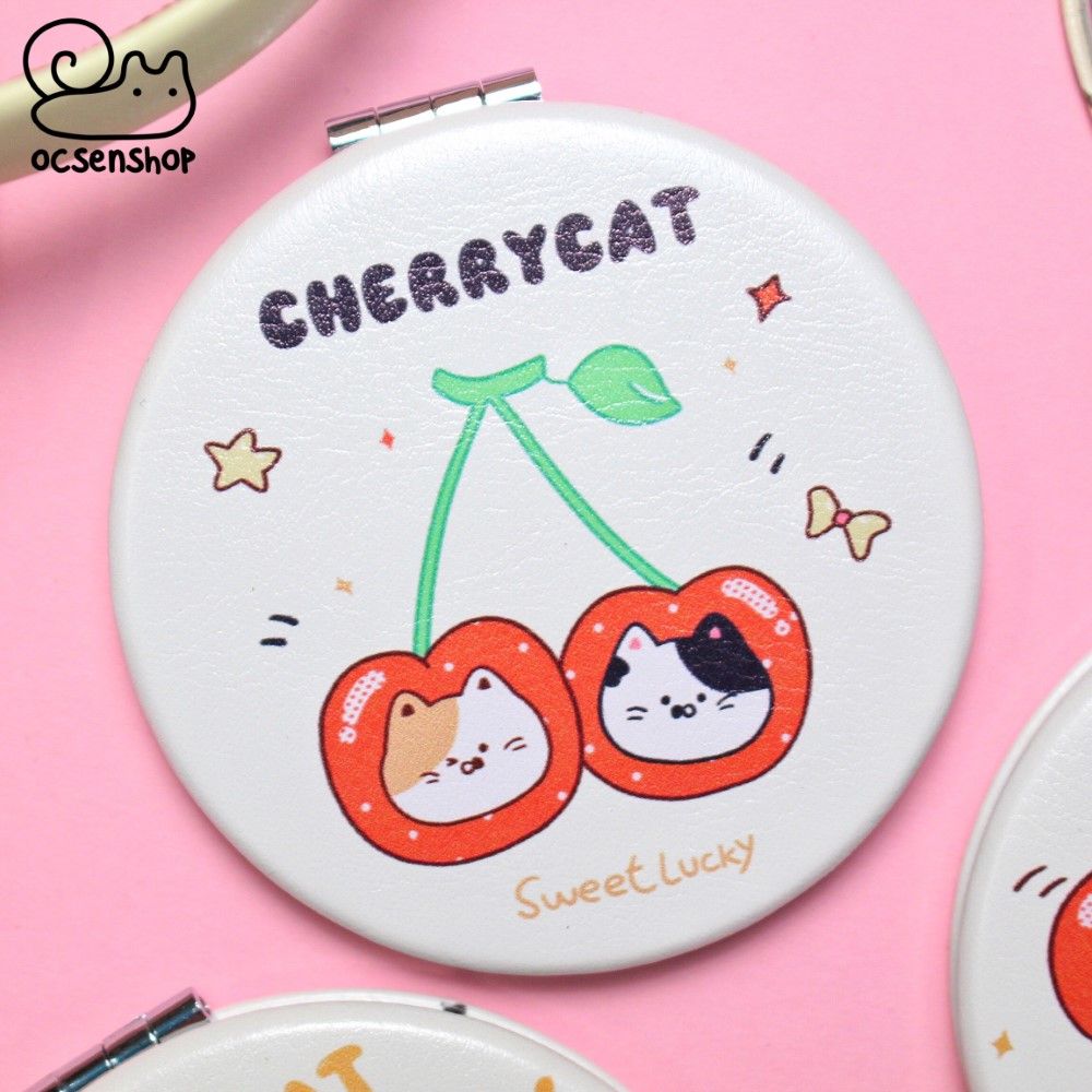 Gương bọc da 2 mặt tròn Cherry cat