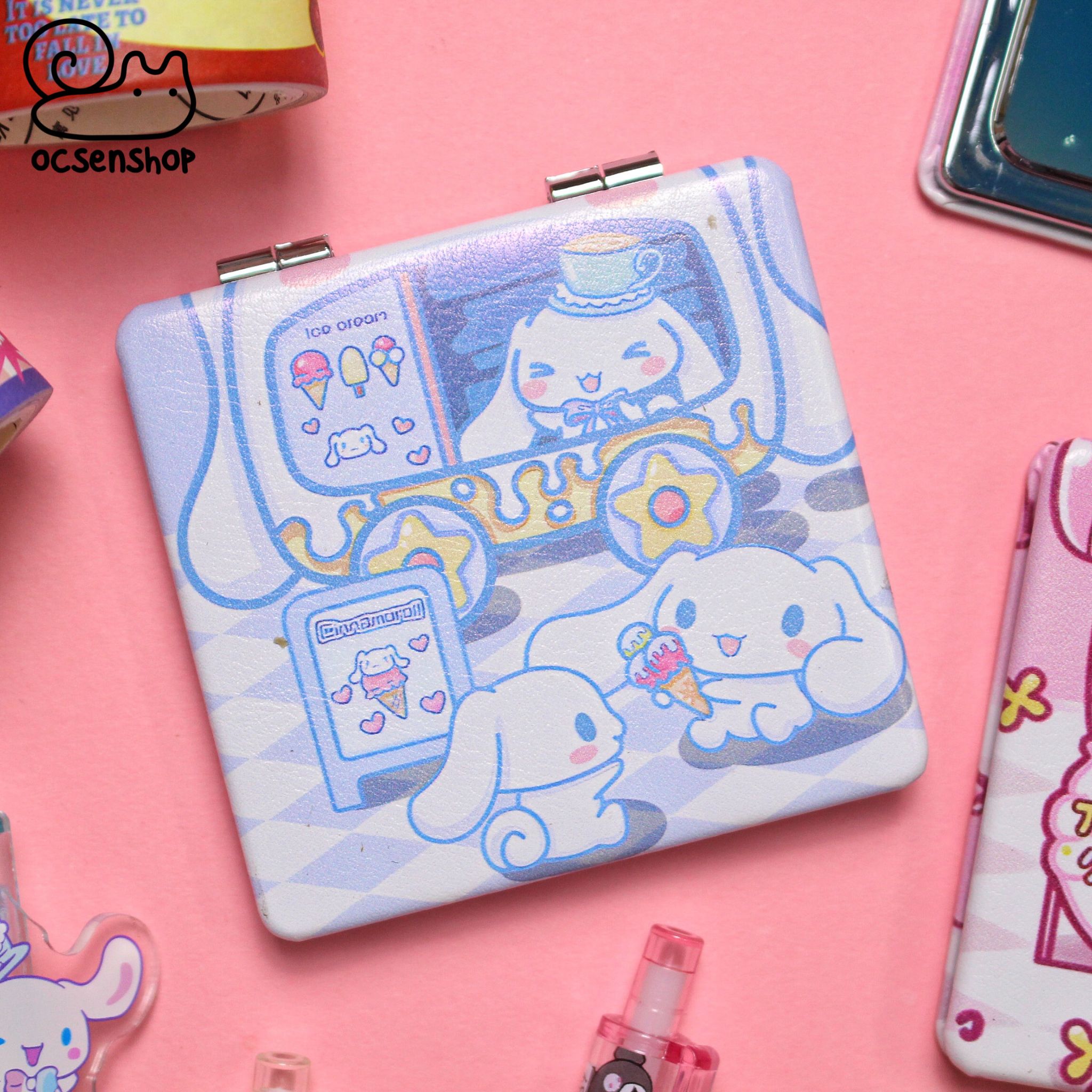 Gương bọc da 2 mặt vuông Sanrio