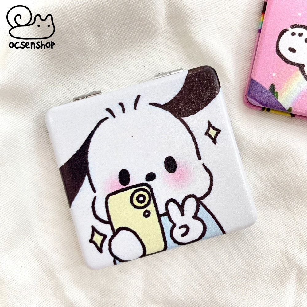 Gương bọc da 2 mặt vuông Pochacco