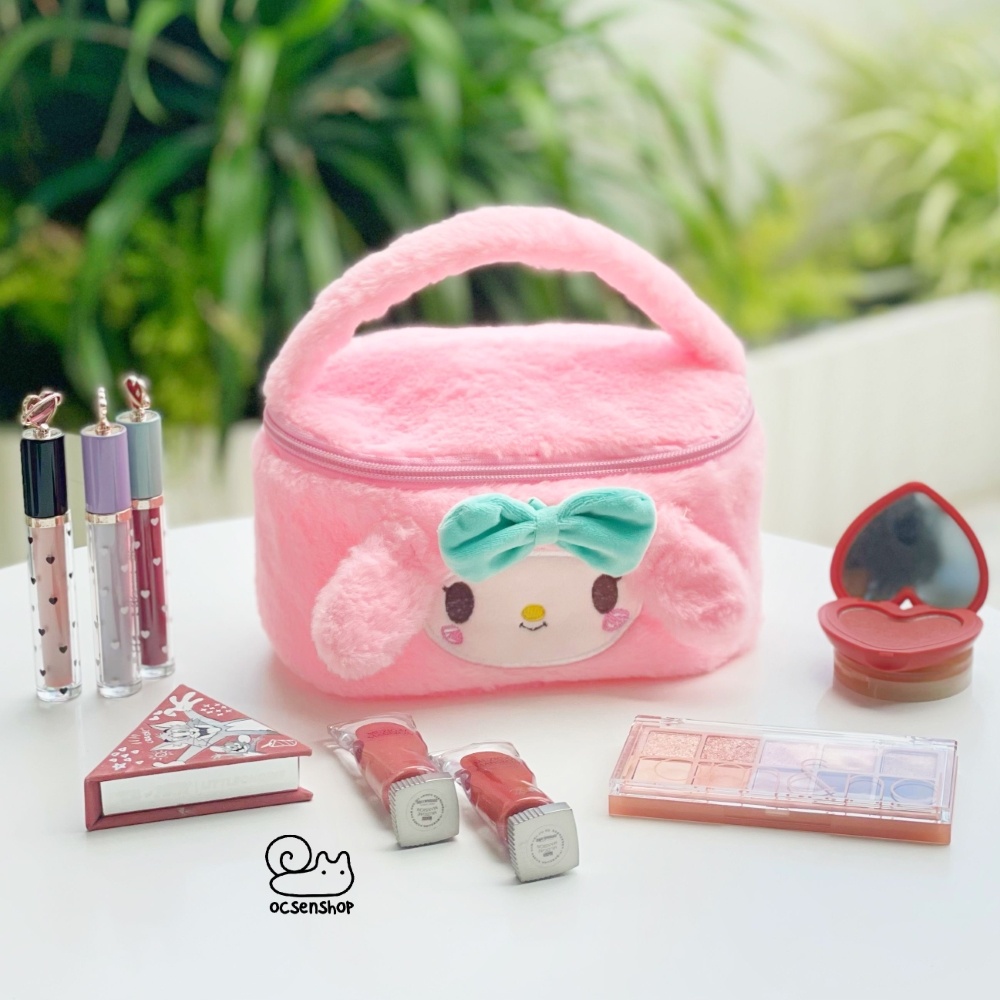 Túi mĩ phẩm bông Sanrio khóa ngọc trai