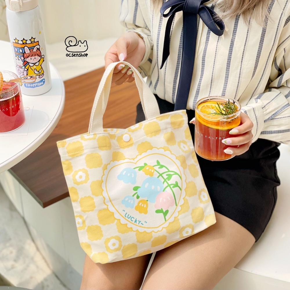 Totebag cúc bấm kẻ ô Hoa