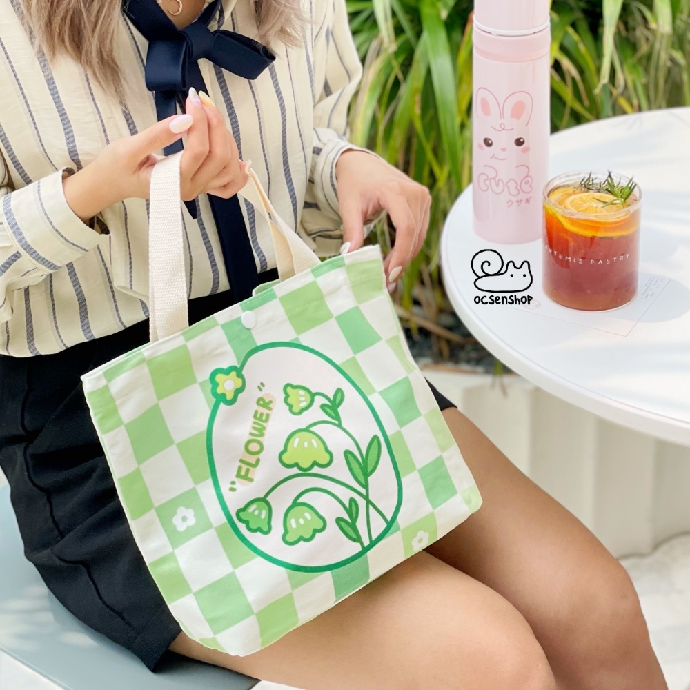 Totebag cúc bấm kẻ ô Hoa