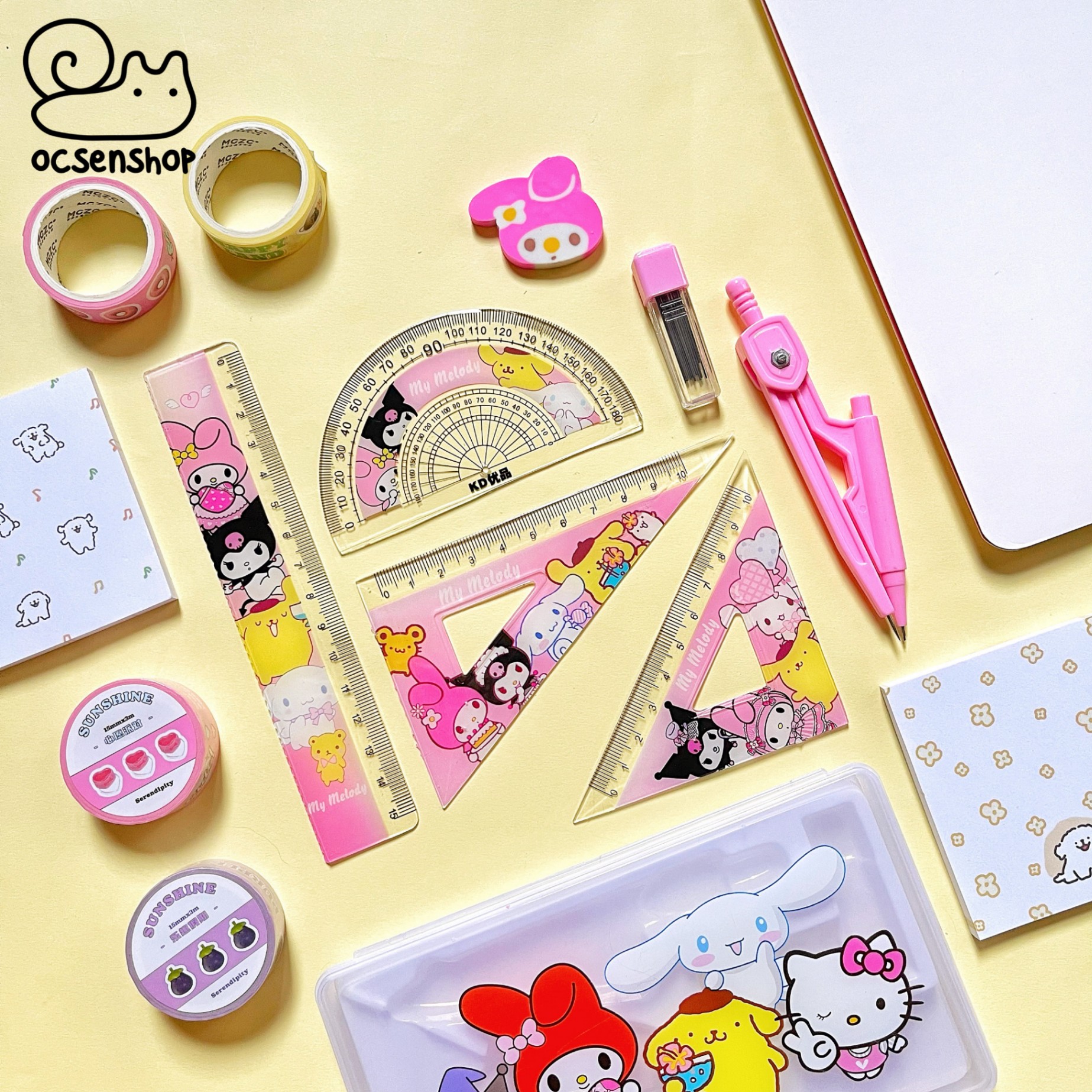 Hộp thước kẻ + compa + tẩy Sanrio