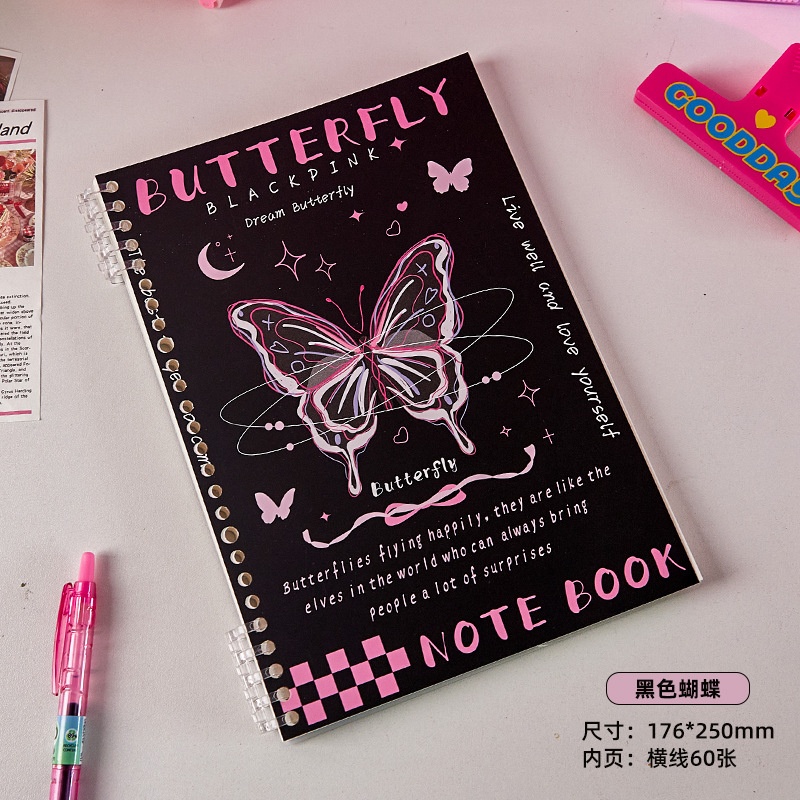 Sổ gáy xoắn B5 Butterfly Black Pink (120tr)