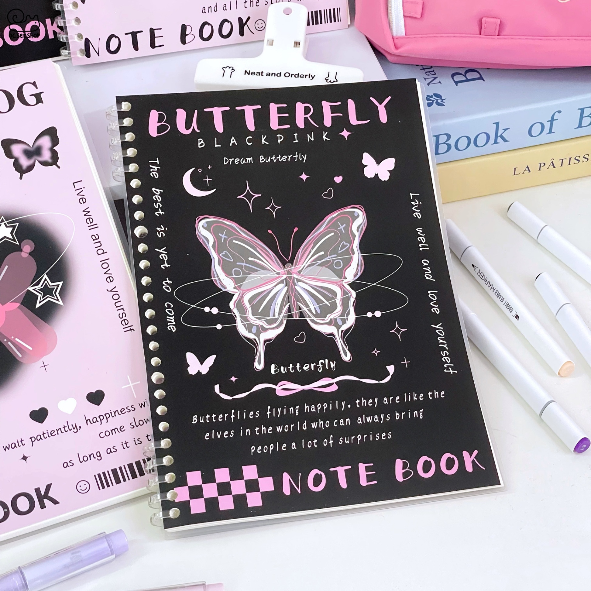 Sổ gáy xoắn B5 Butterfly Black Pink (120tr)