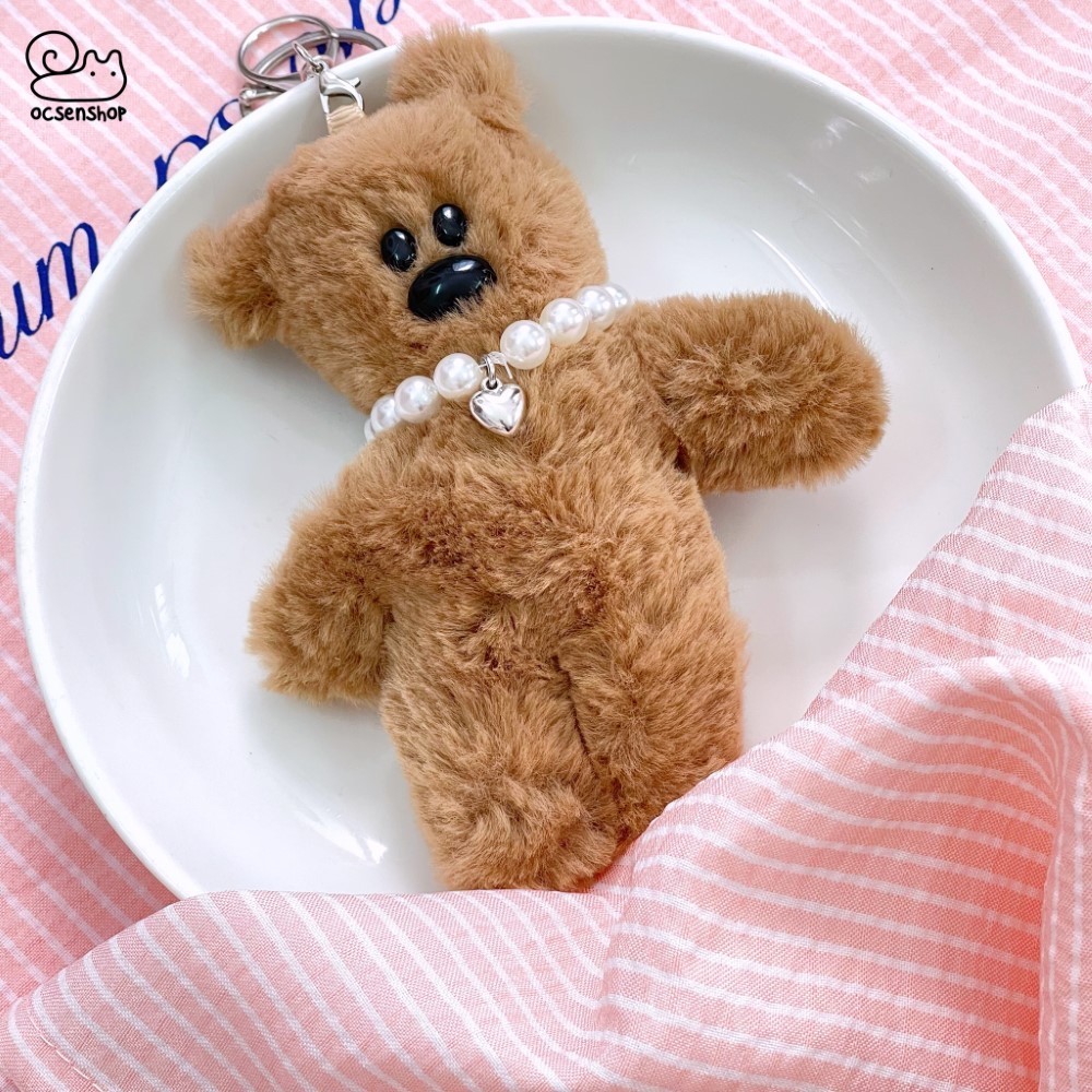 Móc khóa bông Teddy đeo vòng ngọc trai (15cm)