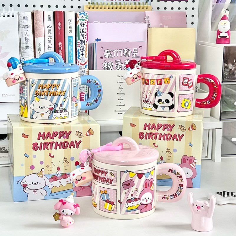 Cốc sứ Động vật Happy birthday kèm nắp + thìa (400ml)