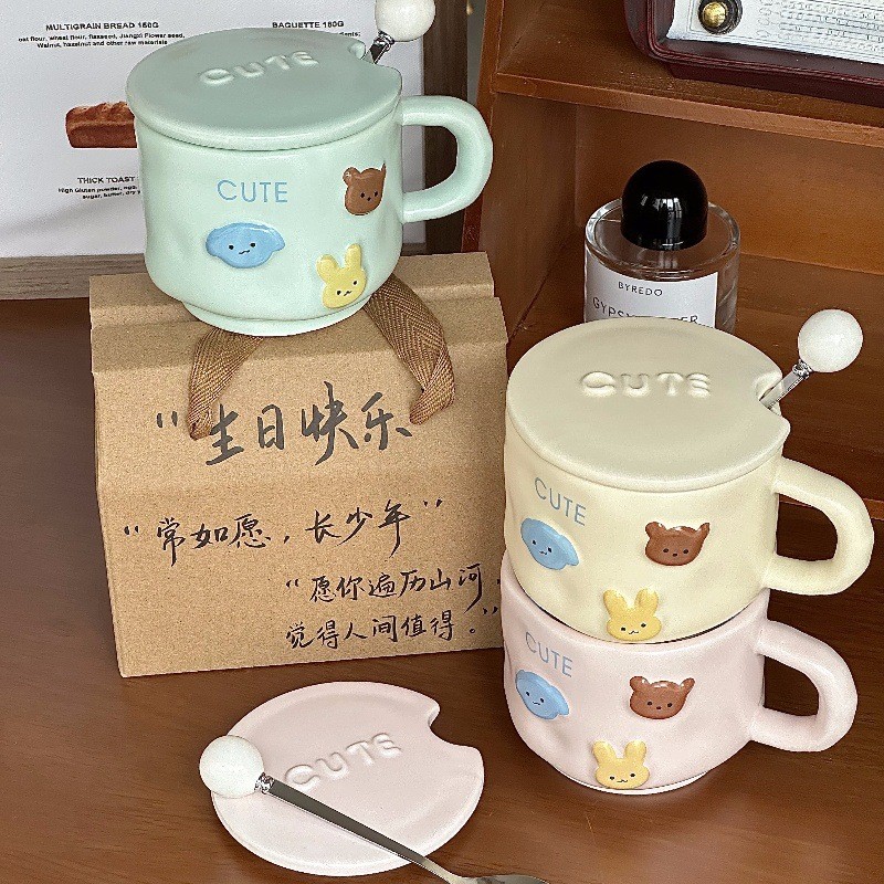 Cốc sứ Cute kèm nắp + thìa (500ml)