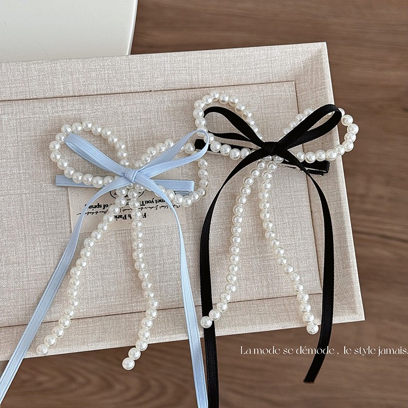 Kẹp tóc Nơ ruy băng ngọc trai (18cm)