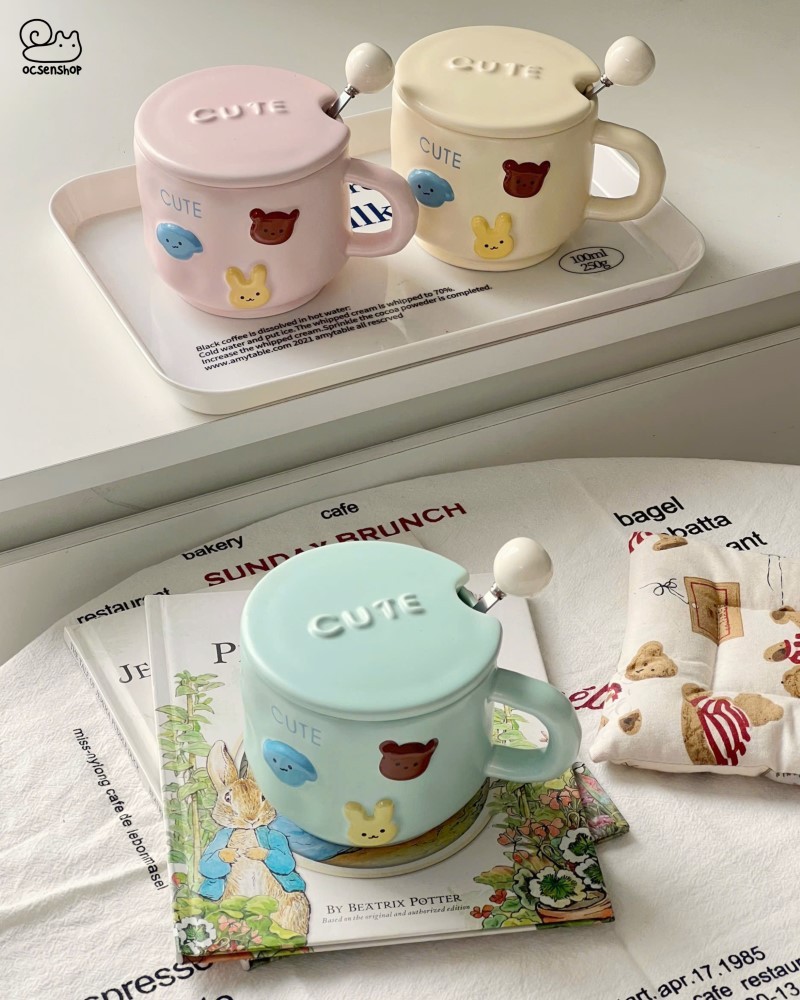 Cốc sứ Cute kèm nắp + thìa (500ml)