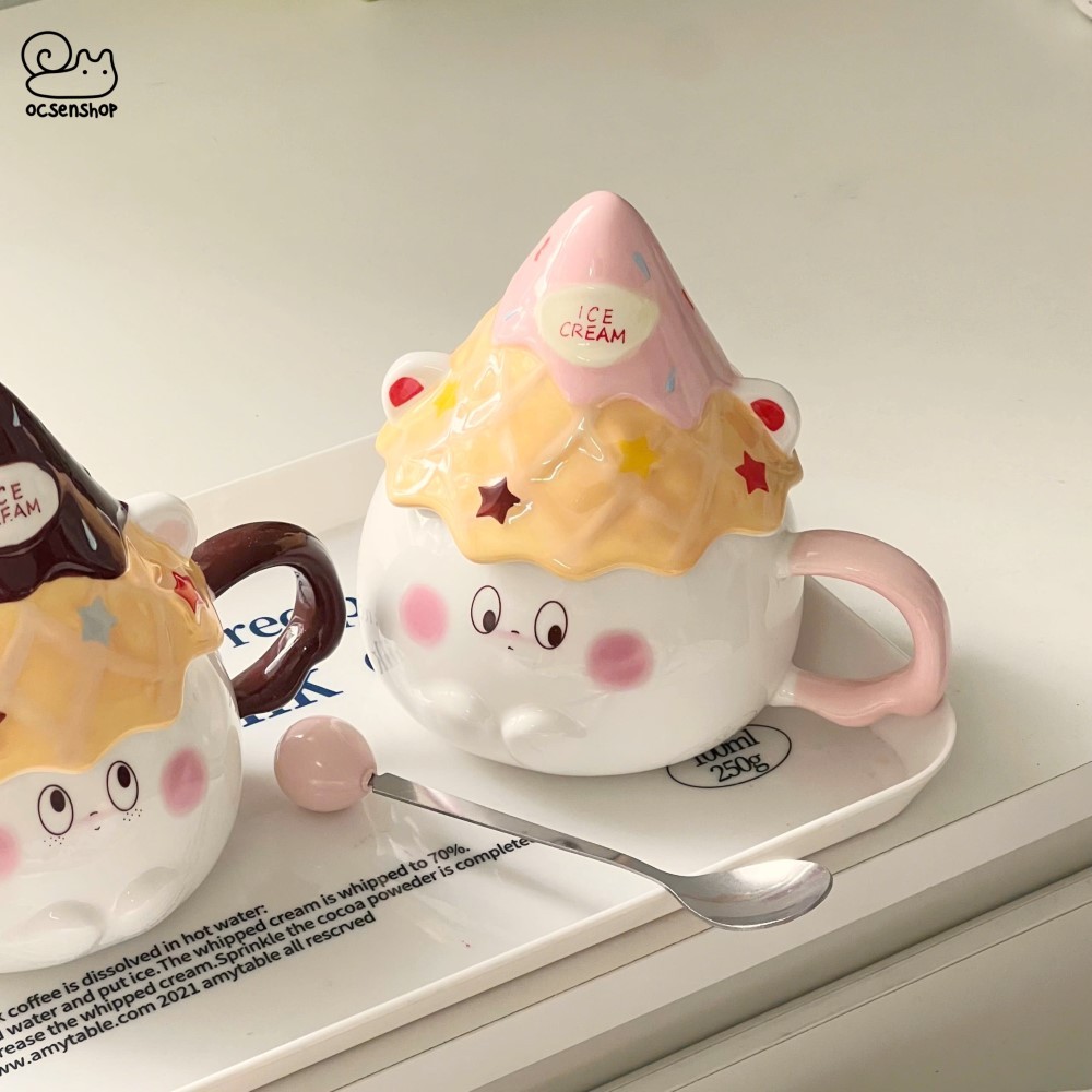 Cốc sứ Ice cream Gấu trắng kèm nắp + thìa (400ml)