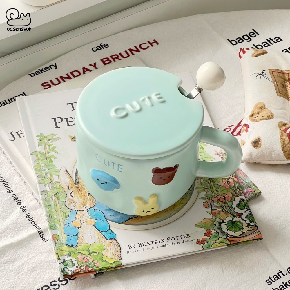 Cốc sứ Cute kèm nắp + thìa (500ml)