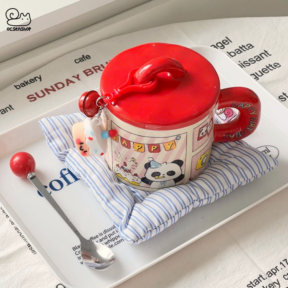 Cốc sứ Động vật Happy birthday kèm nắp + thìa (400ml)