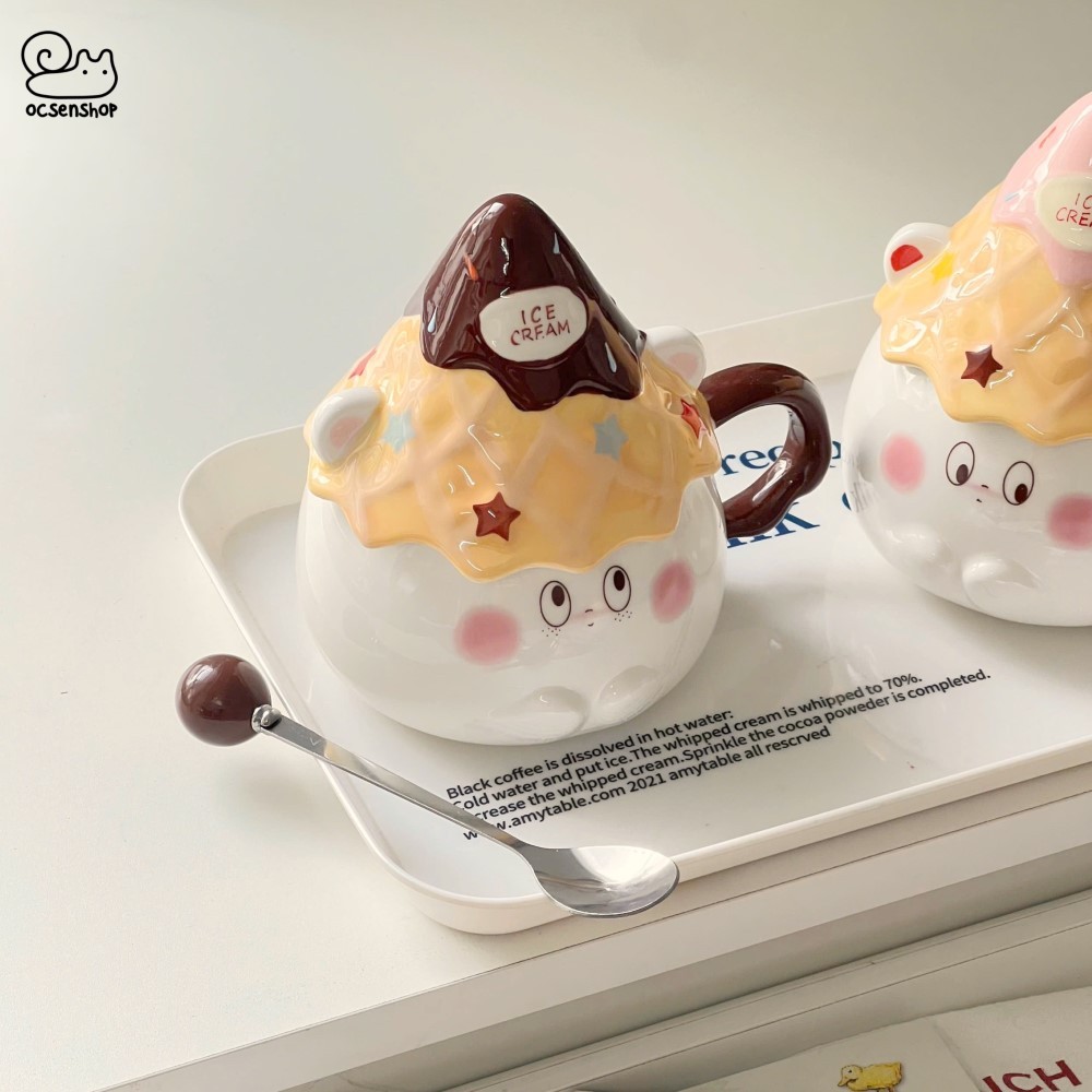 Cốc sứ Ice cream Gấu trắng kèm nắp + thìa (400ml)