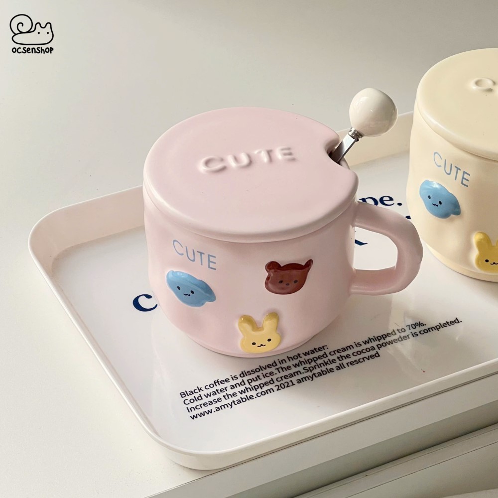 Cốc sứ Cute kèm nắp + thìa (500ml)