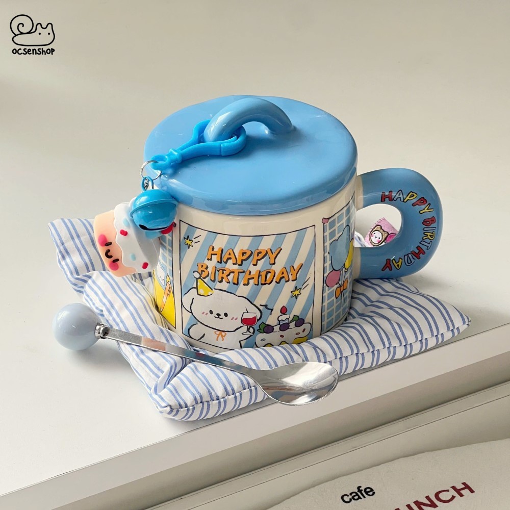 Cốc sứ Động vật Happy birthday kèm nắp + thìa (400ml)