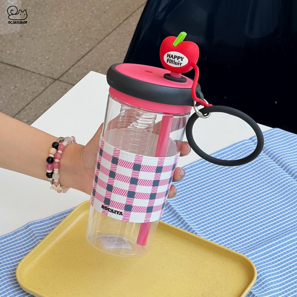 Bình nhựa Trái cây kèm bao da kẻ (800ml)