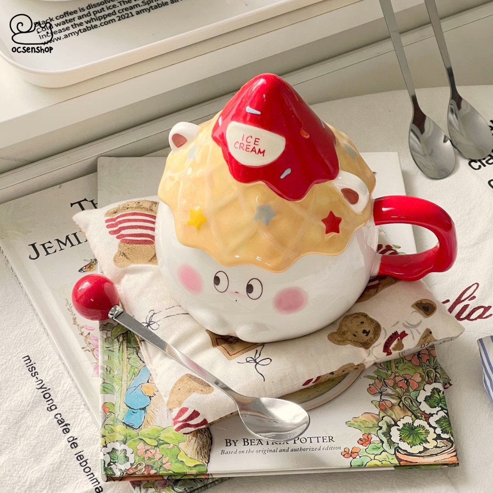 Cốc sứ Ice cream Gấu trắng kèm nắp + thìa (400ml)