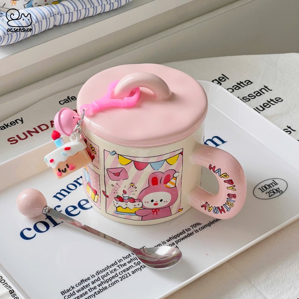 Cốc sứ Động vật Happy birthday kèm nắp + thìa (400ml)