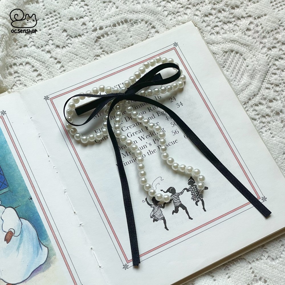 Kẹp tóc Nơ ruy băng ngọc trai (18cm)