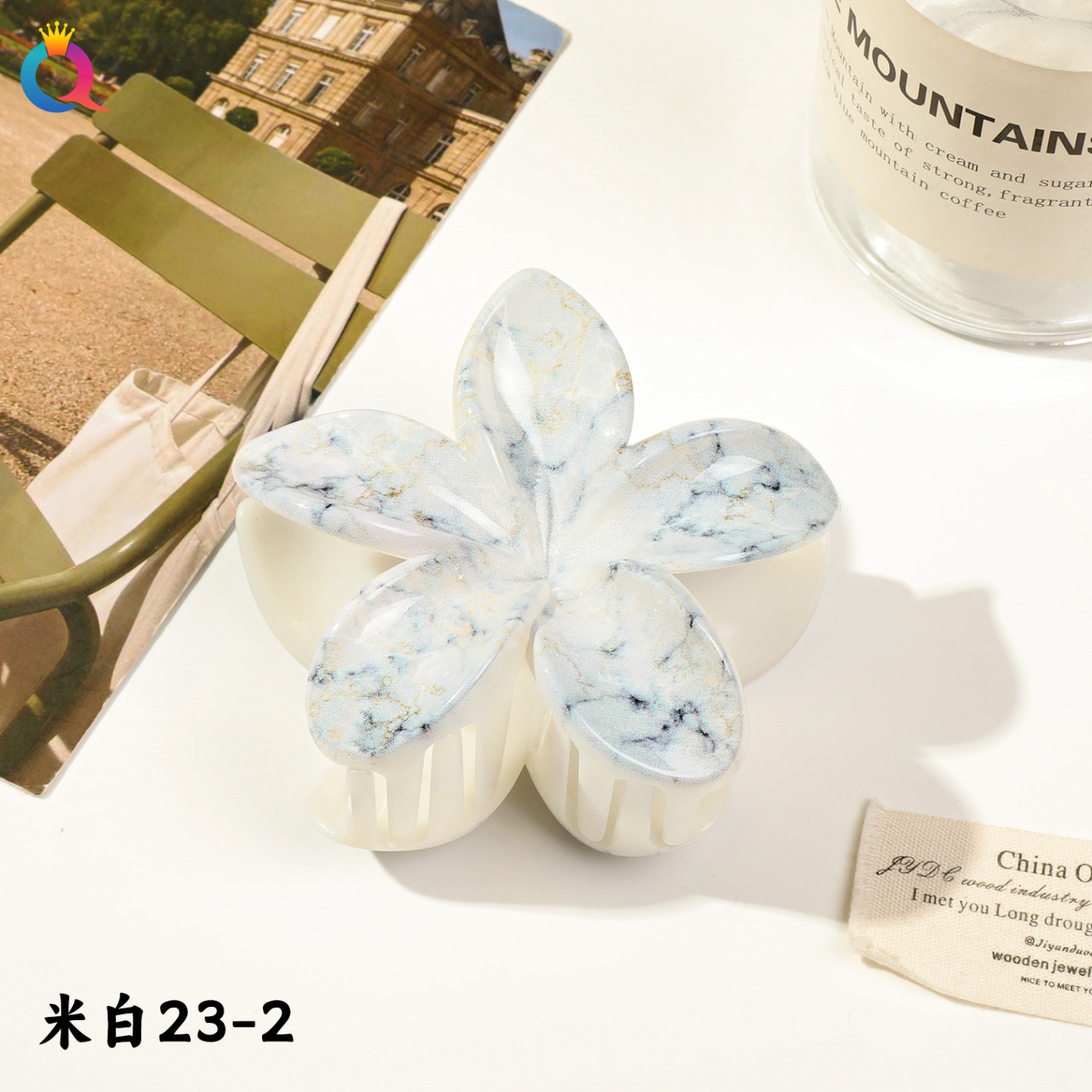 Kẹp càng cua hoa sứ marble nền trắng (8cm)