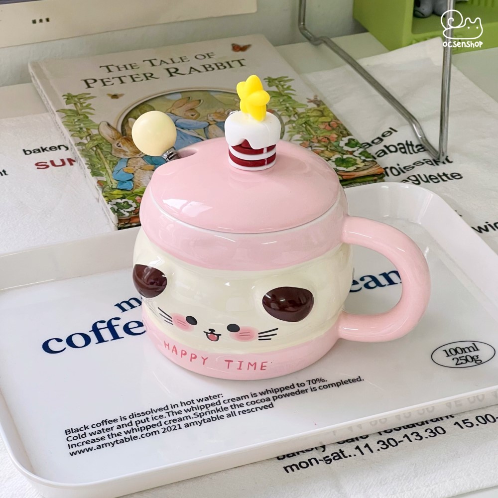 Cốc sứ Động vật happy time kèm nắp + thìa (400ml)