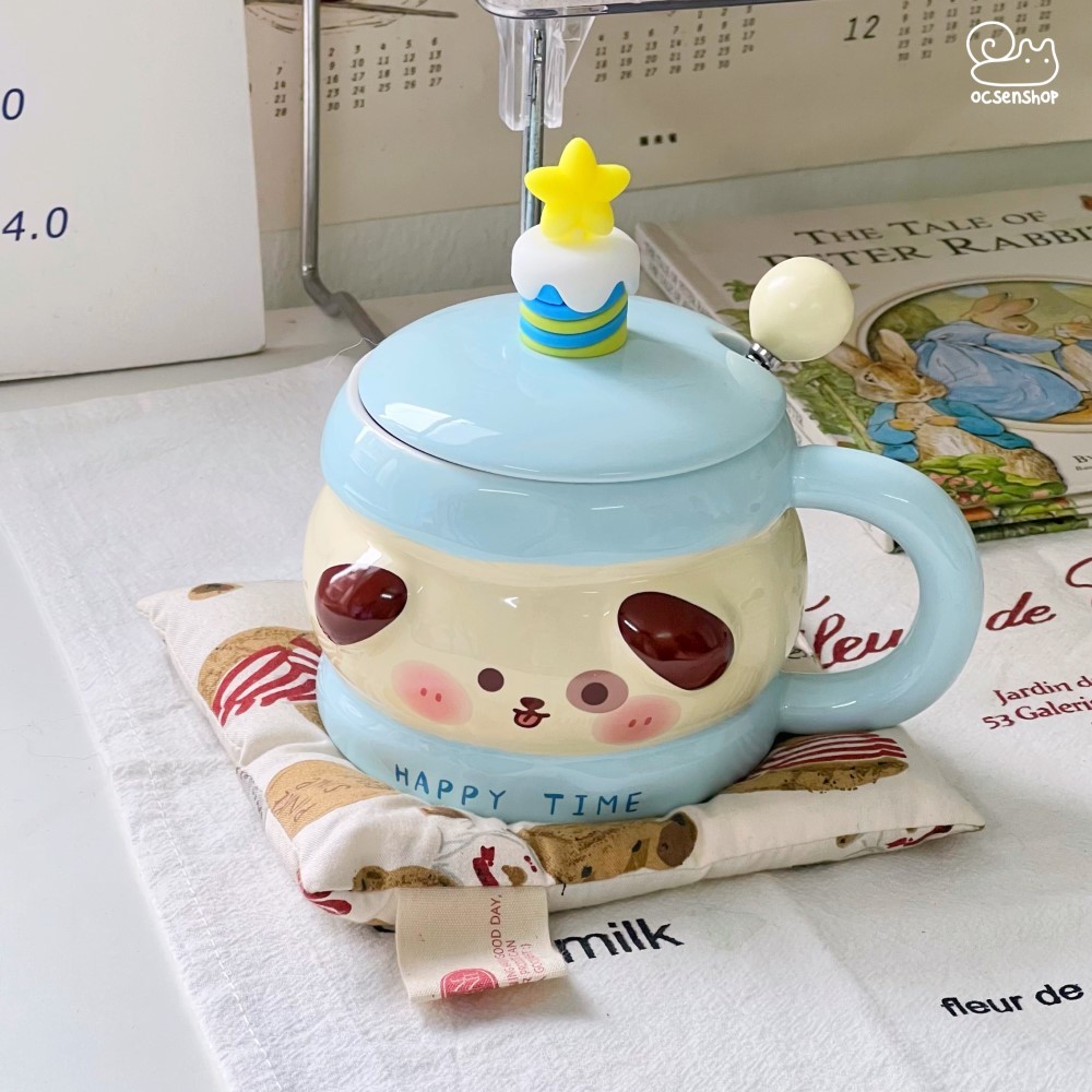 Cốc sứ Động vật happy time kèm nắp + thìa (400ml)