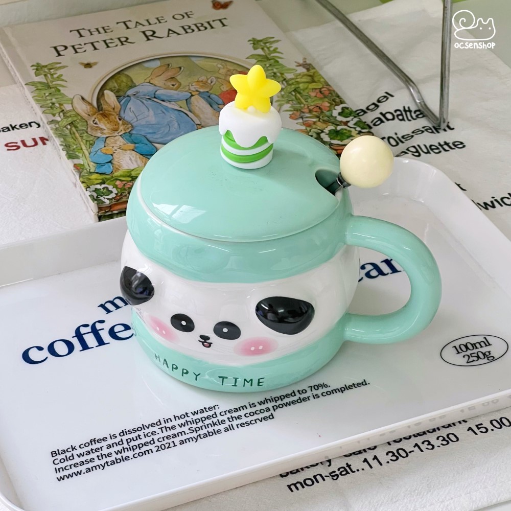Cốc sứ Động vật happy time kèm nắp + thìa (400ml)