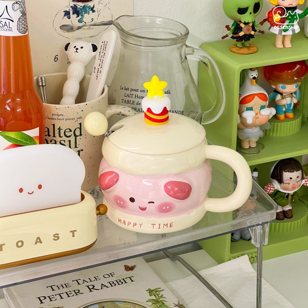 Cốc sứ Động vật happy time kèm nắp + thìa (400ml)