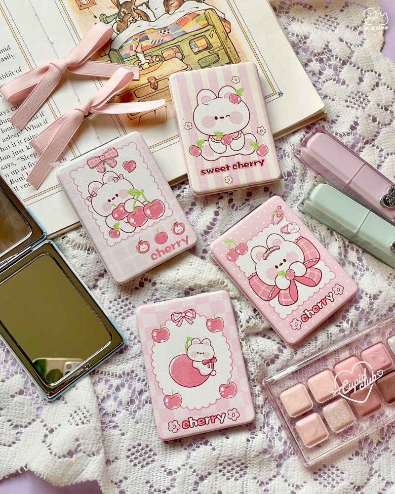 Gương bọc da 2 mặt chữ nhật Thỏ cherry