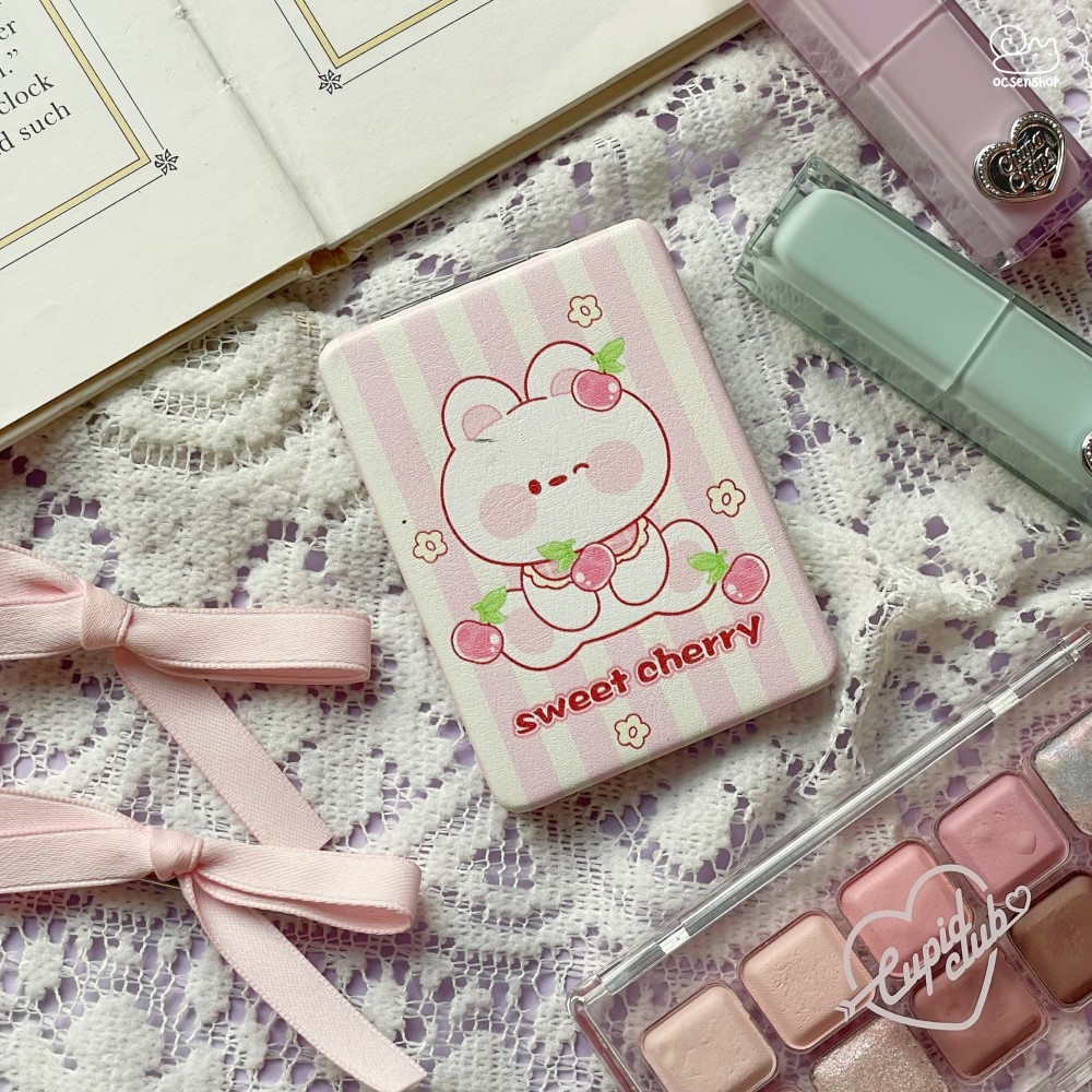 Gương bọc da 2 mặt chữ nhật Thỏ cherry