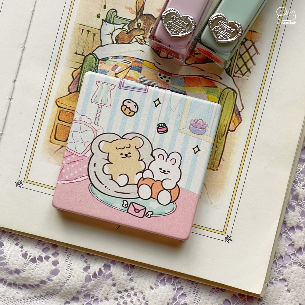 Gương bọc da 2 mặt vuông Cún thỏ