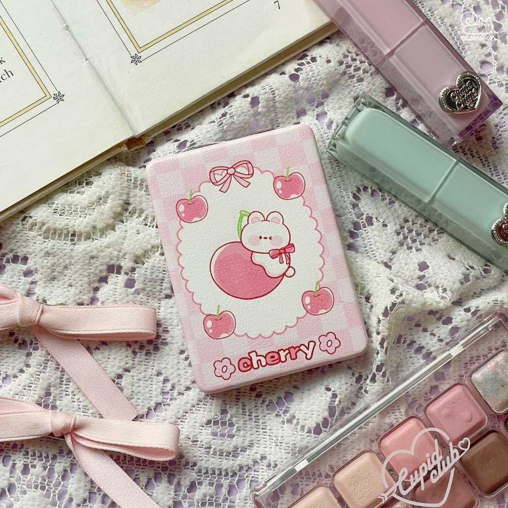 Gương bọc da 2 mặt chữ nhật Thỏ cherry