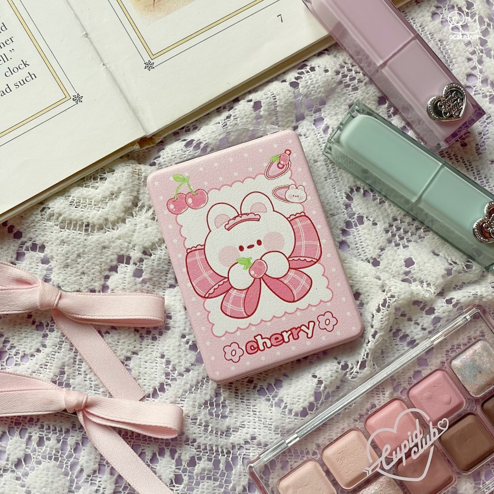 Gương bọc da 2 mặt chữ nhật Thỏ cherry