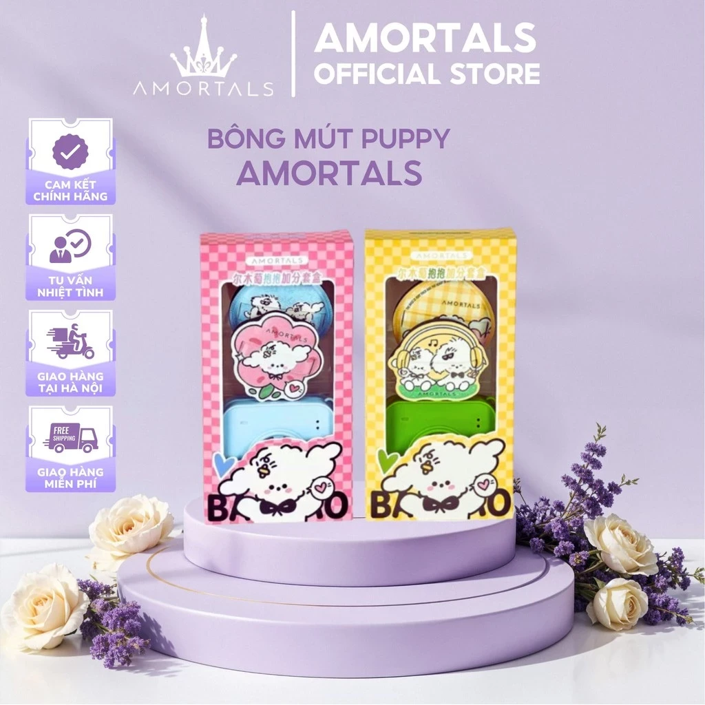 Bộ bông mút Amortals tán kem nền puppy (2c + 1 hộp đựng)