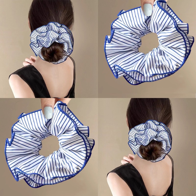 Scrunchie kẻ sọc xanh viền xanh (4 lớp)