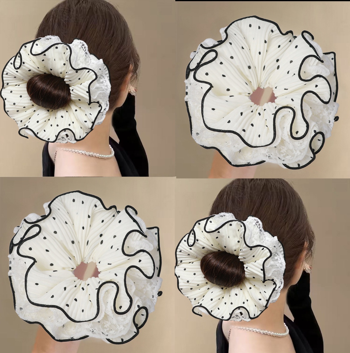 Scrunchie gân sọc chấm bi kèm ren (4 lớp)