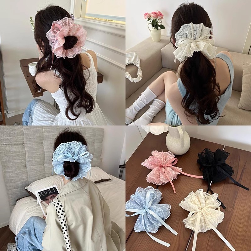 Scrunchie ren thắt ruy băng (4 lớp)