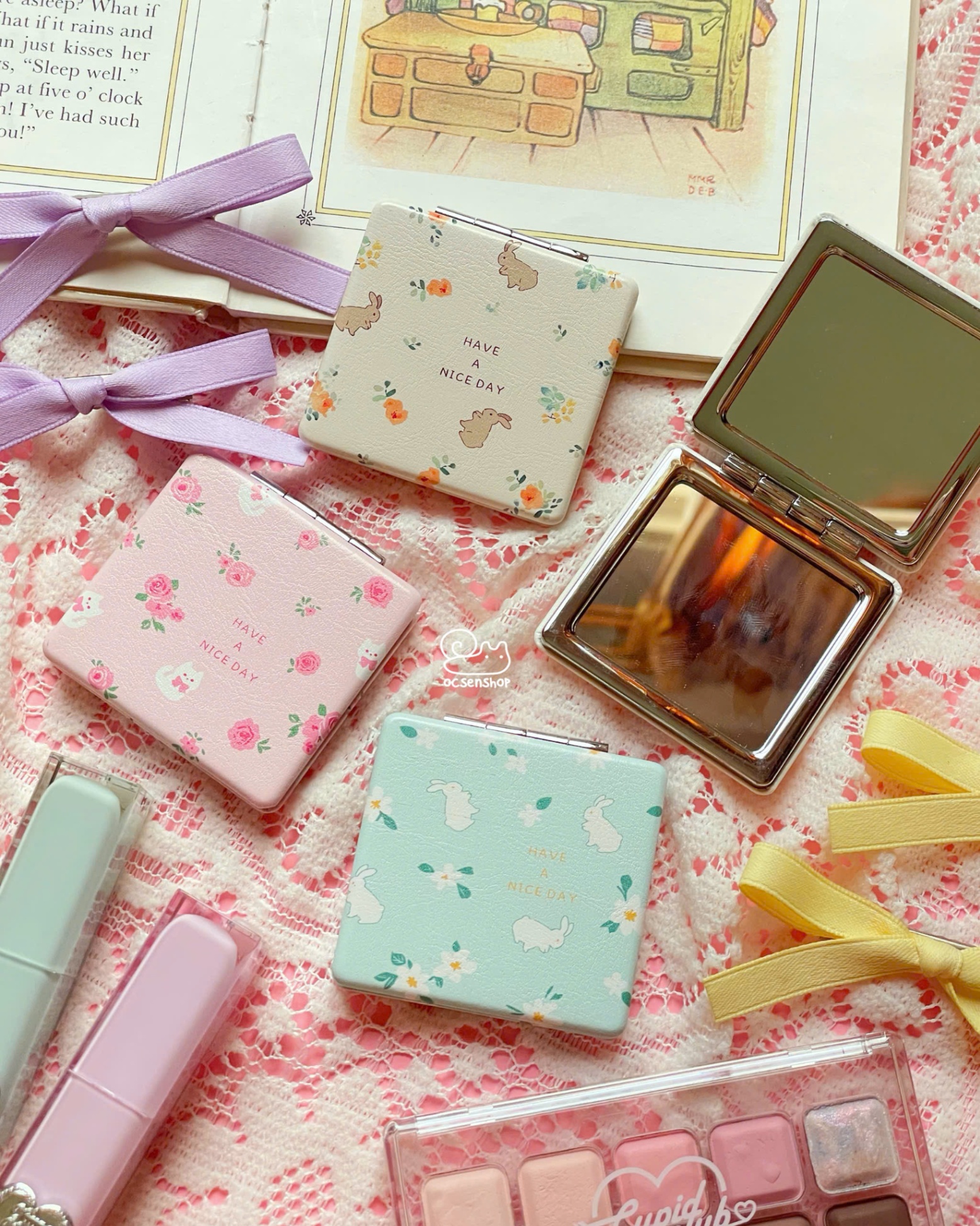 Gương gập vuông 2 mặt Thỏ have a nice day