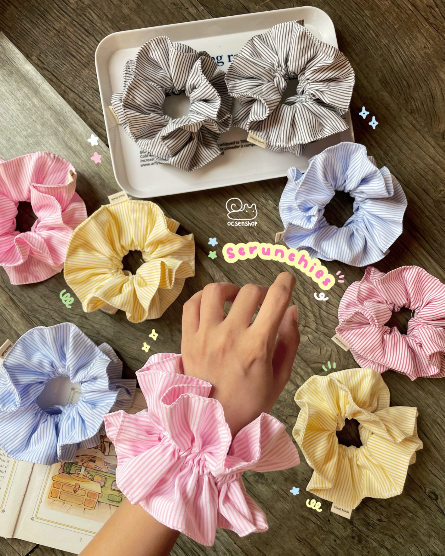 Scrunchie kẻ sọc trơn màu (2 lớp)