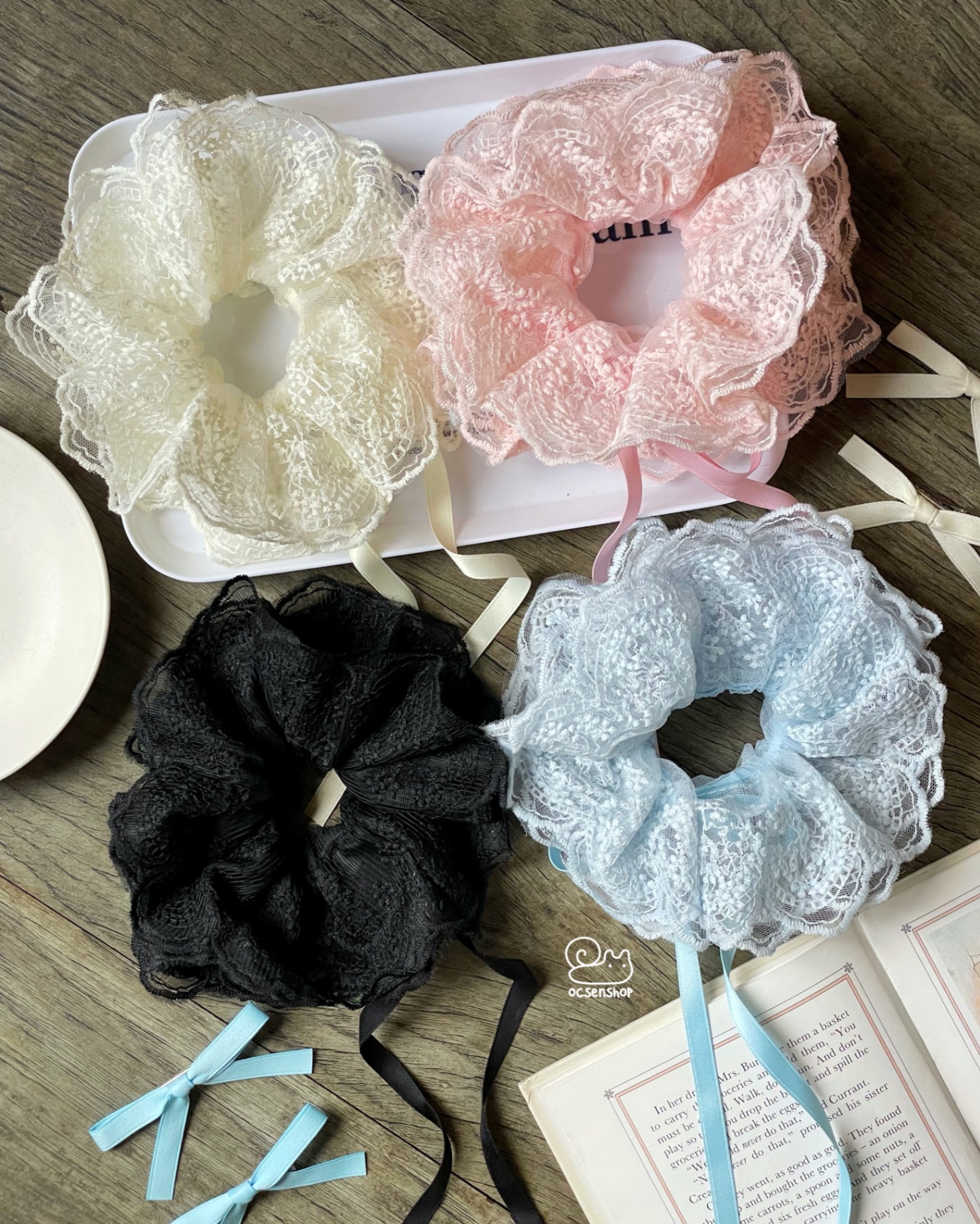 Scrunchie ren thắt ruy băng (4 lớp)