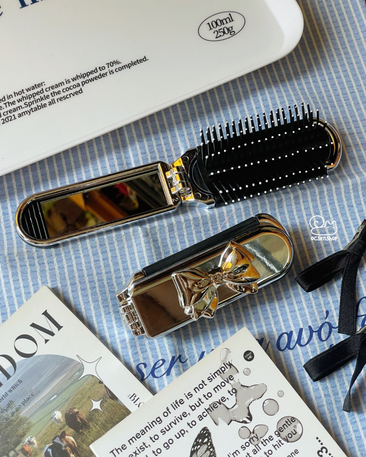 Lược gập kèm gương bạc gắn nơ