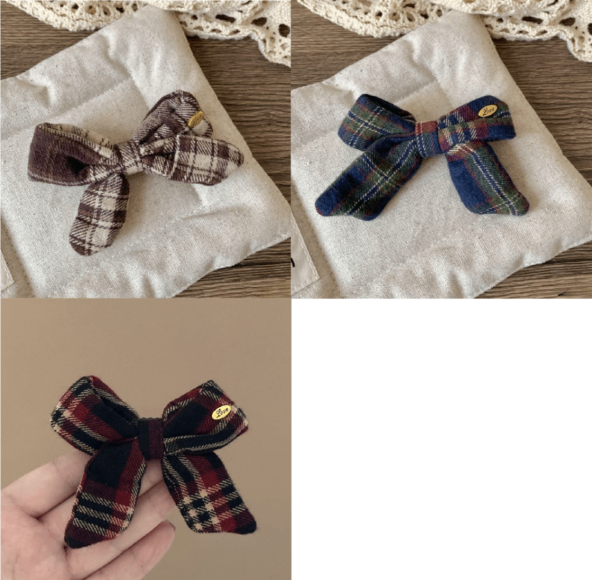 Kẹp tóc Nơ vải kẻ đính charm tròn