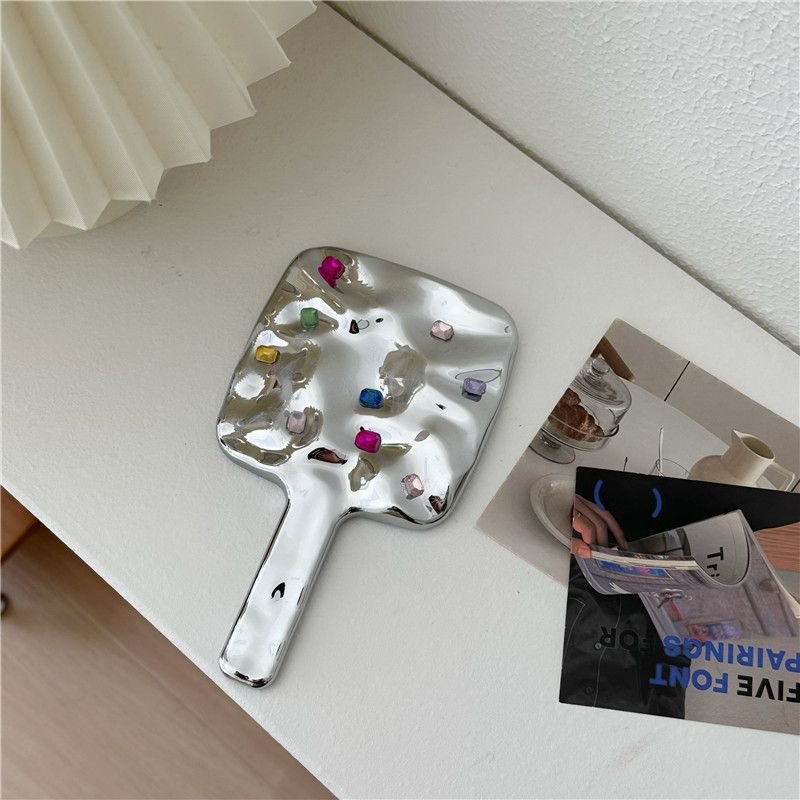 Gương cầm tay bạc sần đính đá