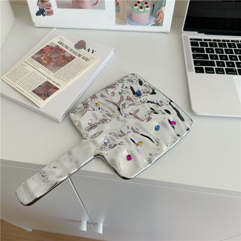 Gương cầm tay bạc sần đính đá