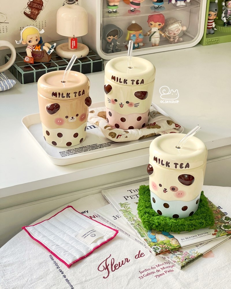 Cốc sứ trà sữa Động vật kèm nắp + ống hút (300ml)