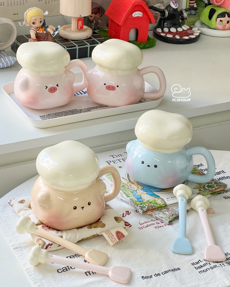 Cốc sứ Động vật đầu bếp kèm thìa (400ml)